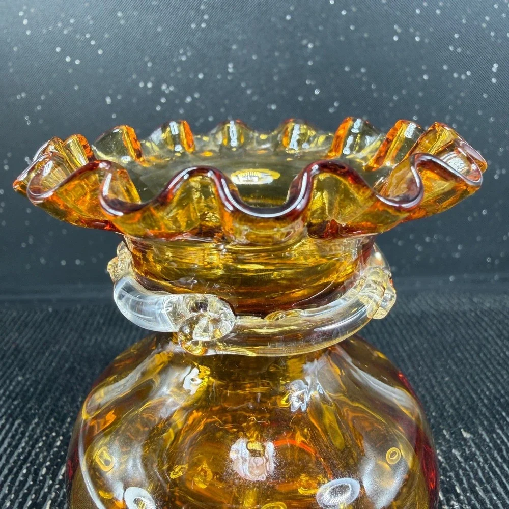Amber Mid Century Hand Blown Glass Ruffled Bud Vase with Clear Rigaree 3inch